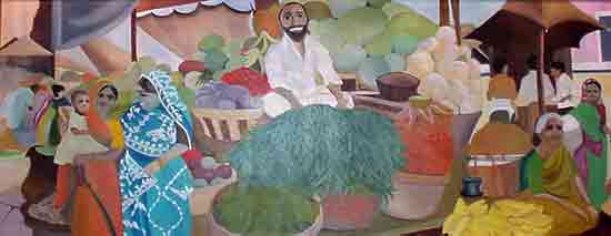 Hand-painted mural of an Indian market scene.