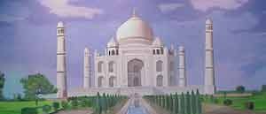 Hand-painted mural of the Taj Mahal from the Indian Village dining room.